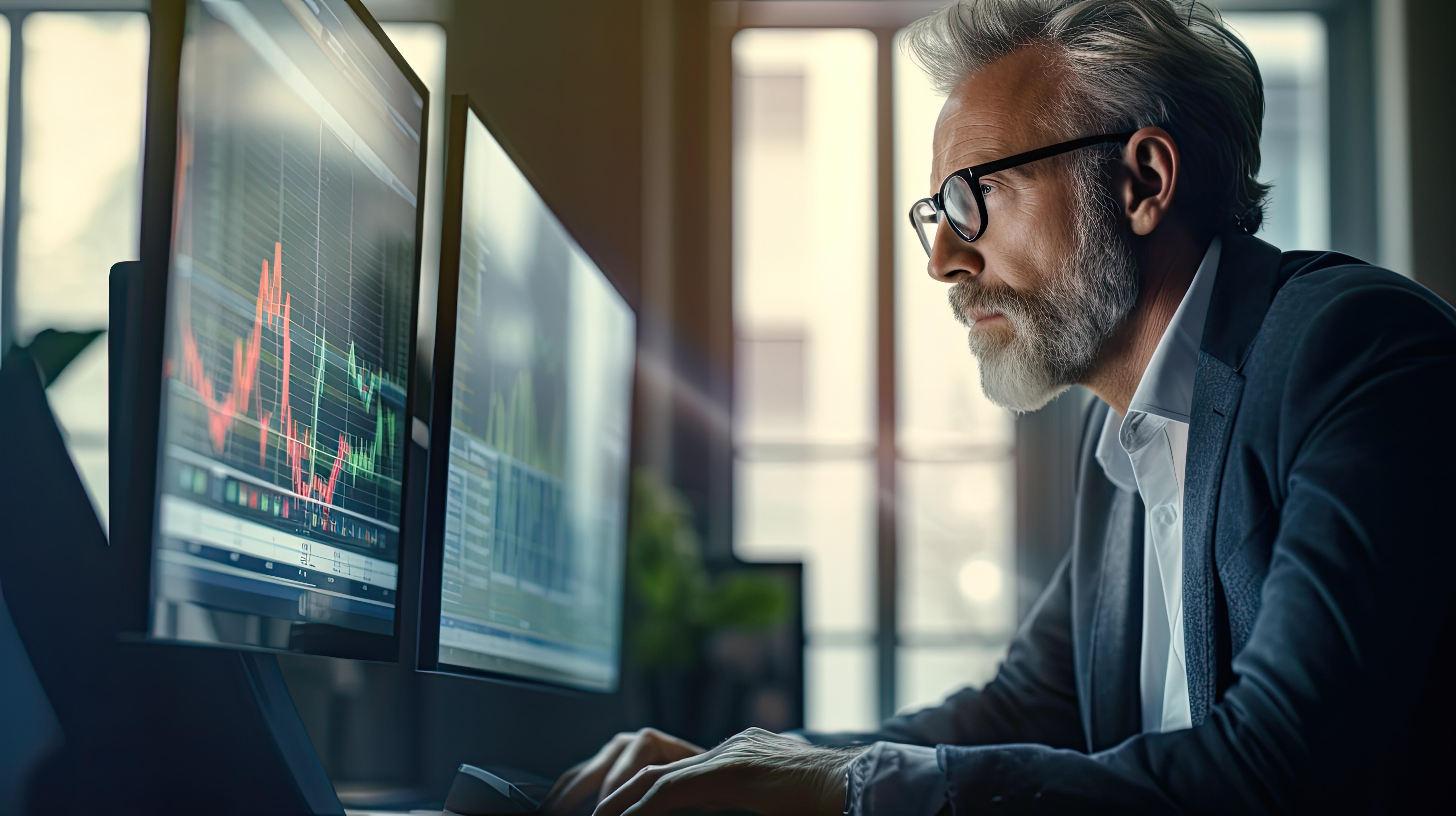 Busy serious middle aged business man financial investor, stock trader broker analyzing online market price thinking of investing money in digital crypto trading exchange checking funds value. Investor